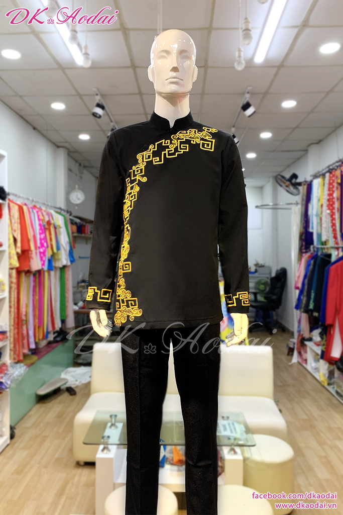 MAY ÁO DÀI NAM CÁCH TÂN NGẮN THÊU HOA VĂN VUÔNG