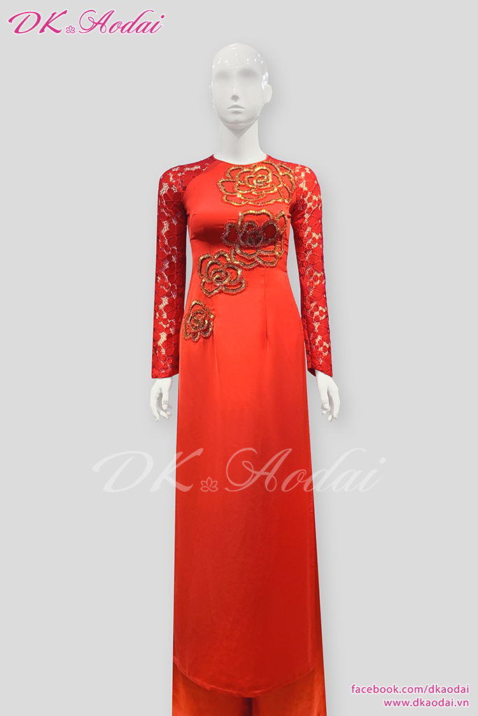 MAY ÁO DÀI NỮ LỤA KẾT HẠT BỐN HOA HỒNG LỚN